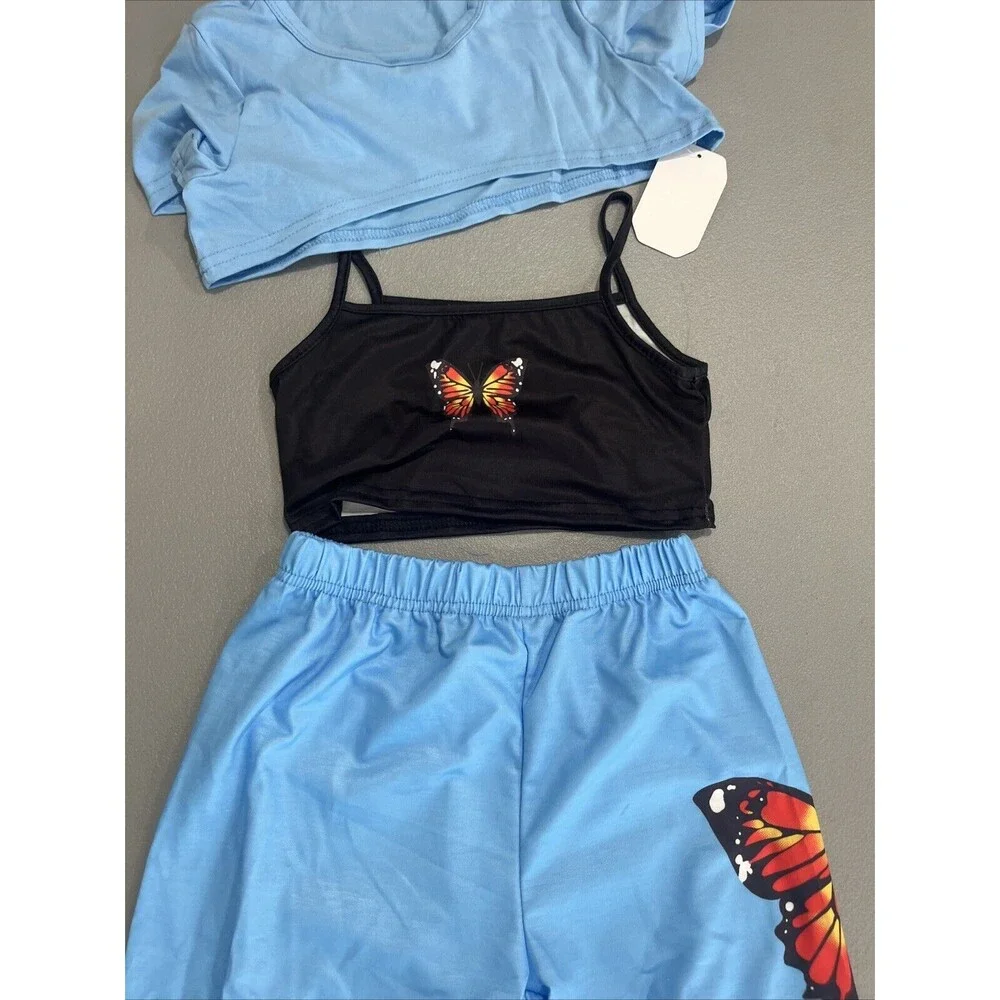 SOLY HUX Girl's‎ Butterfly Print Tops & High Low Hem T-Shirt W/ Sweatpants 3 Pc